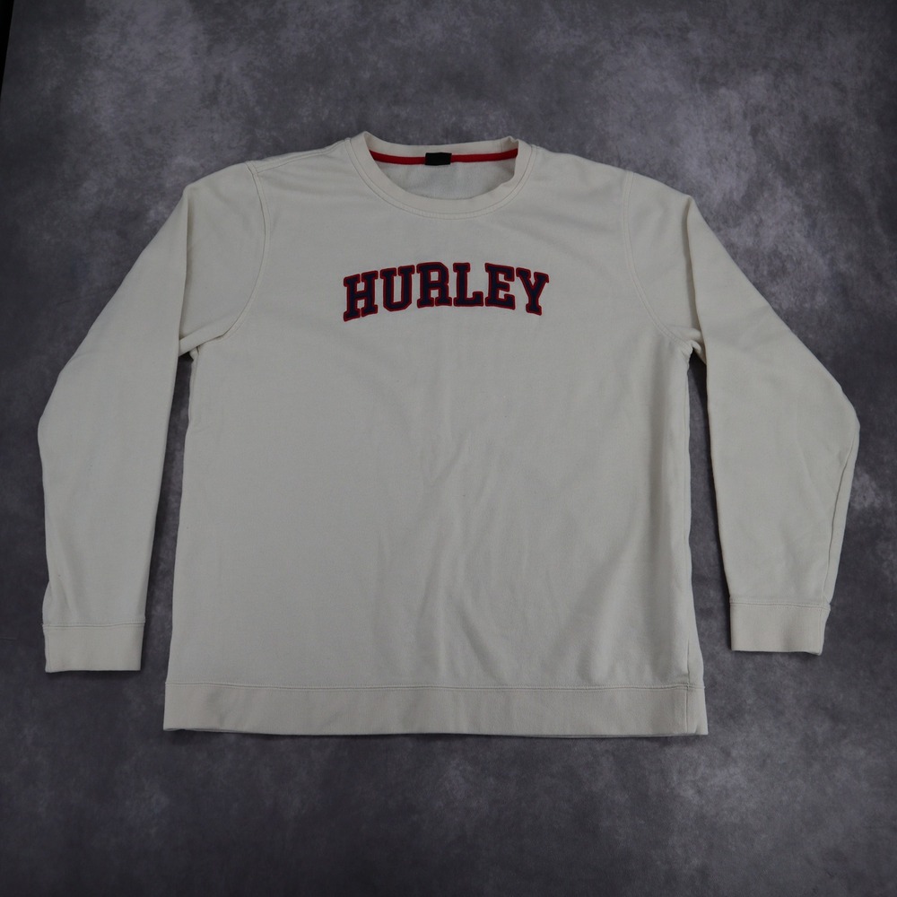 Hurley Sweatshirt Crewneck Pullover Mens XL Cream Fleece Embroidered Logo Preppy